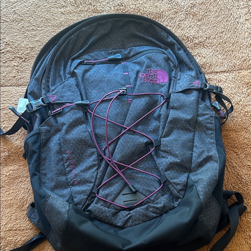 The North Face Charcoal Backpack with Purple Accents
